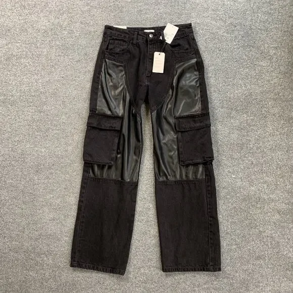 Forever 21 Pants Womens 28 Mixed Media Cargo Faux Leather Paneled Wide Straight - Picture 2 of 13